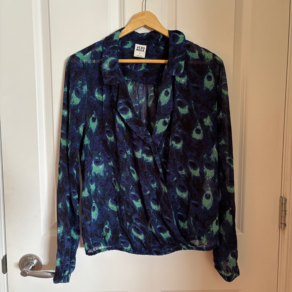 Vero Moda Navy and Teal Abstract Peacock-Pattern Wrap Blouse